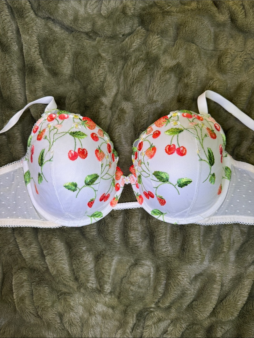 Victoria's Secret White Strawberry Cherry Embroidered Lined Demi Bra